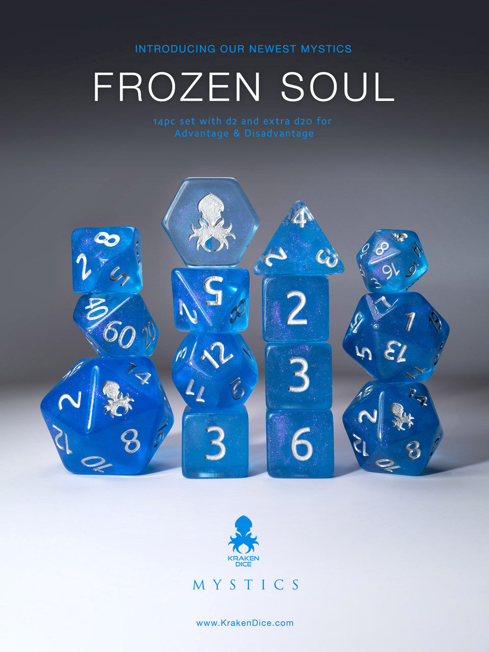 Frozen Soul 14pc Silver Ink Dice Set With Kraken Logo